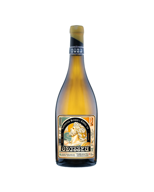 Botella de vino blanco Odisseu 2023 de la bodega Mas Amfres