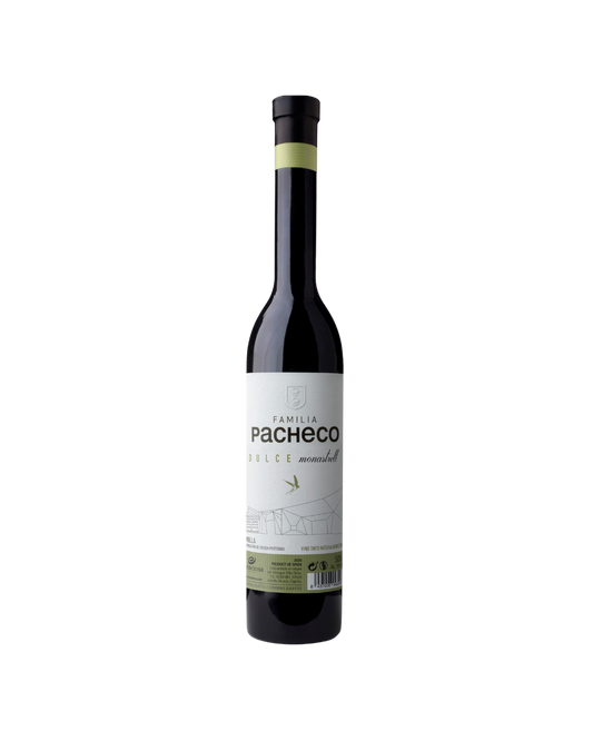 Botella de vino tinto naturalmente dulce Familia Pacheco Dulce Monastrell 50 cl de la bodega Viña Elena